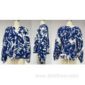 Printing Band Collar Blouse with Balloon Sleeve